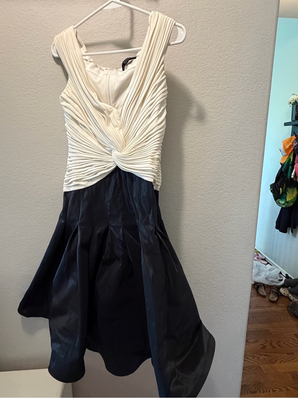 Tadashi Shoji Ivory Pleated Twist Bodice with Black Full Skirt Midi Dress